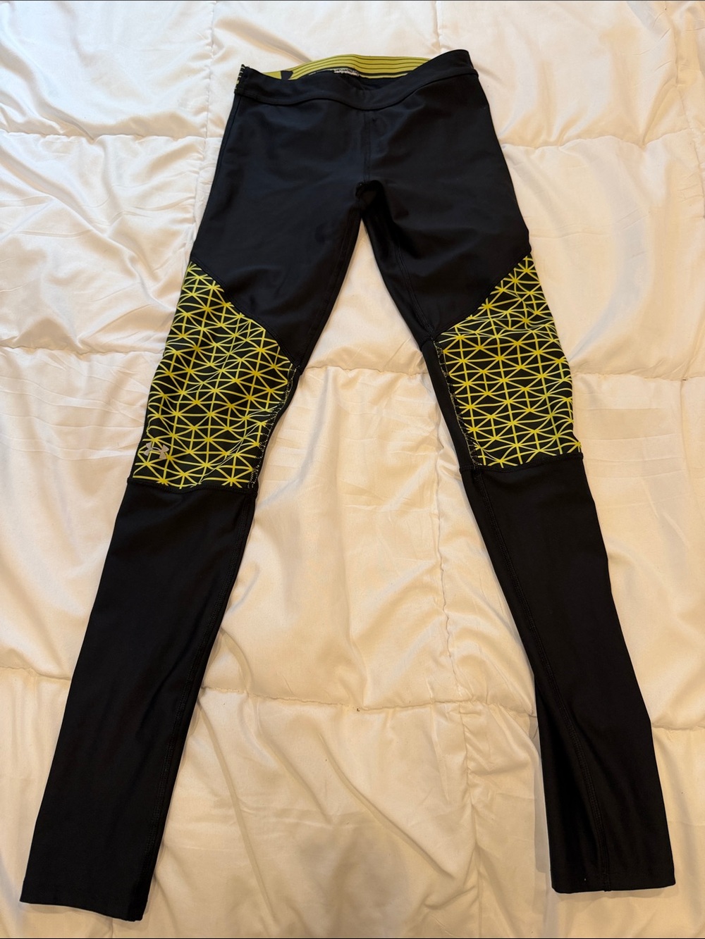 Under Armour Black Leggings with Neon Yellow Geometric Knee Panels